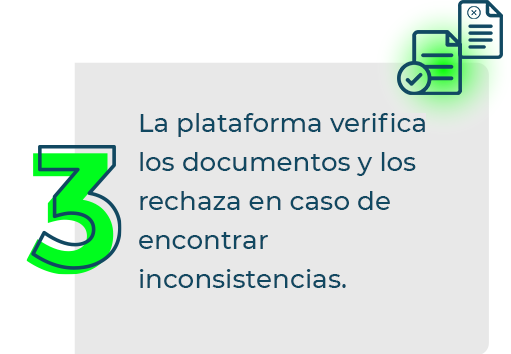 La plataforma verifica los documentos y rechaza los que no cumplen con los requisitos
